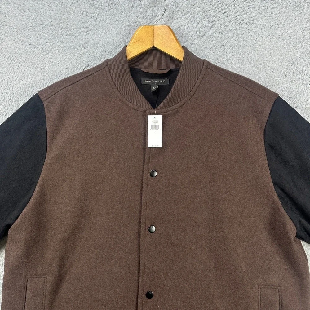 Banana Republic Mens Varsity Jacket Large Brown Black Colorblock Snap Button NEW